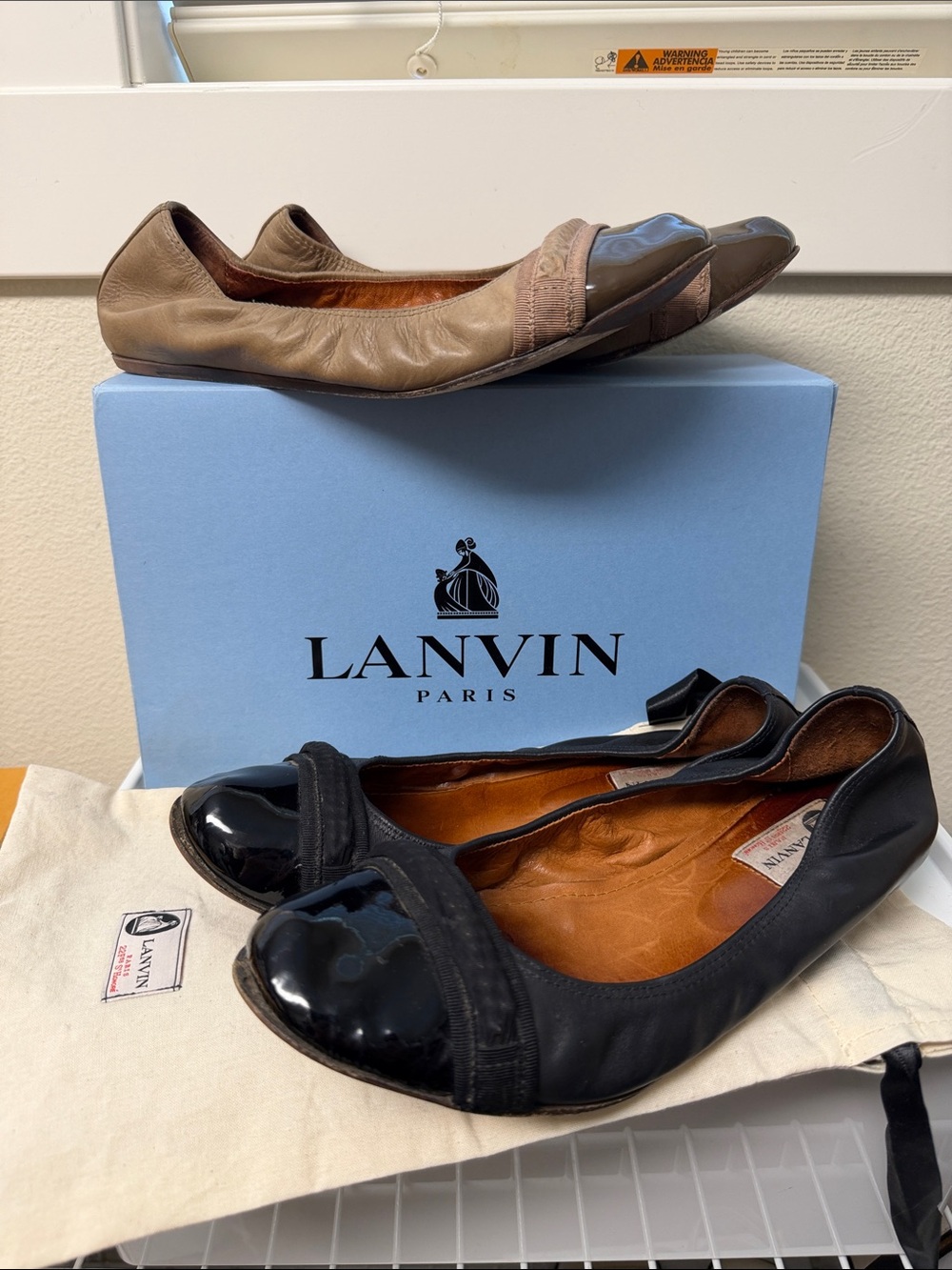 Lanvin Two Black & Beige Leather Ballet Flats with Patent Toe & Ribbon Trim, 40